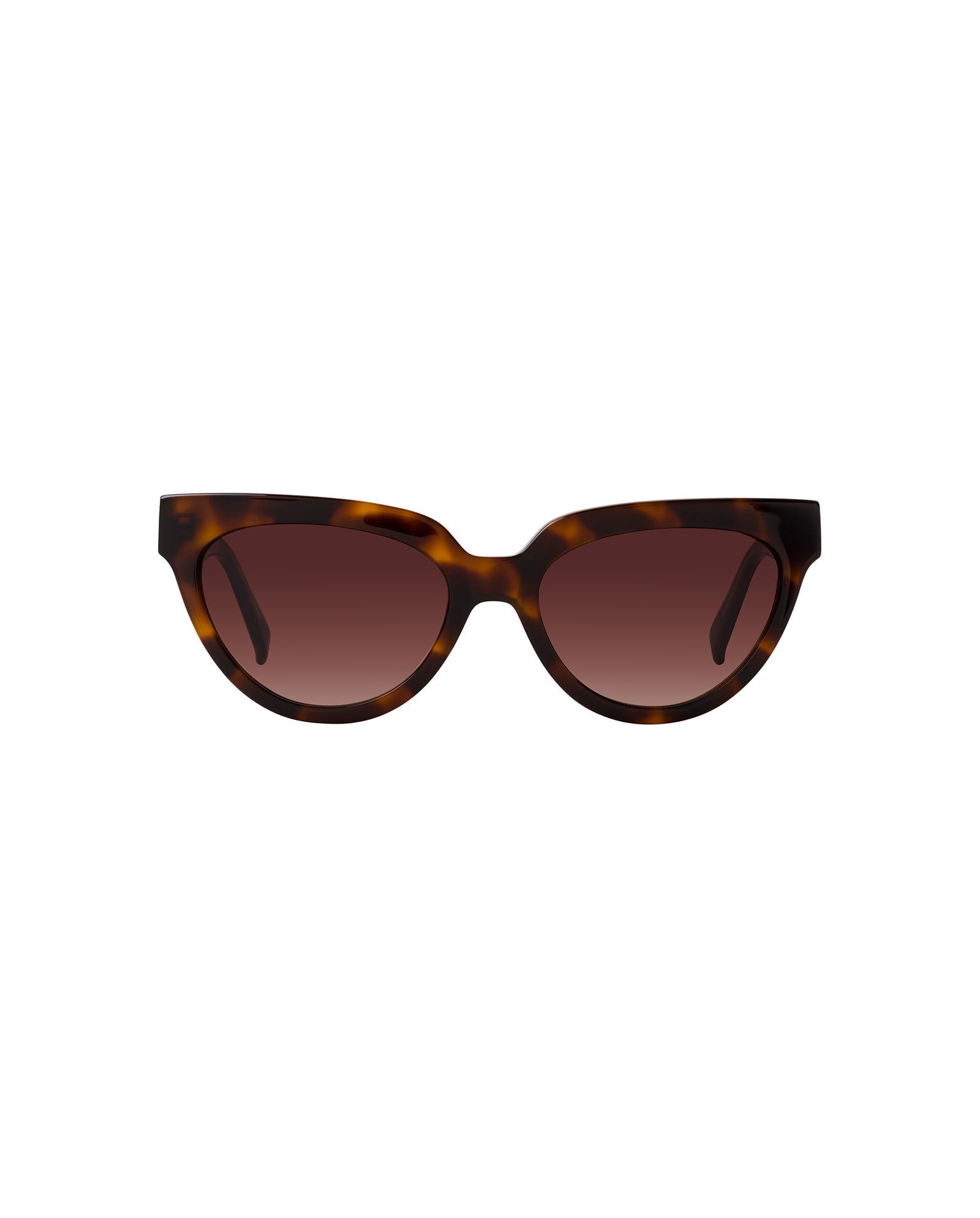 IVY OAK’s Addison Sunglasses feature a brown tortoiseshell cat-eye frame made from Mazzucchelli biodegradable acetate and gradient brown UV-protective lenses, displayed against a white background.