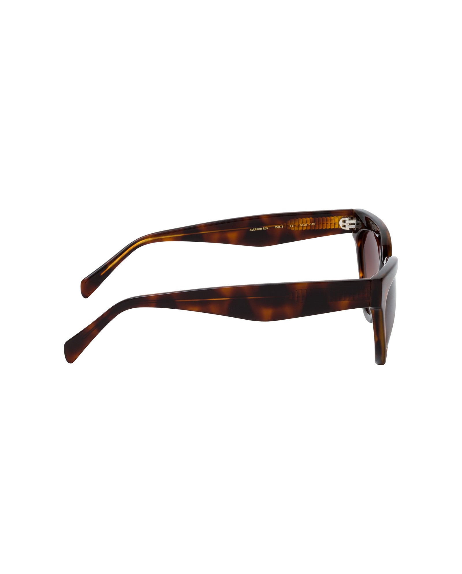 Side view of IVY OAK Addison Sunglasses with rectangular lenses and wide arms, made from biodegradable acetate in tortoiseshell, shown on a white background.
