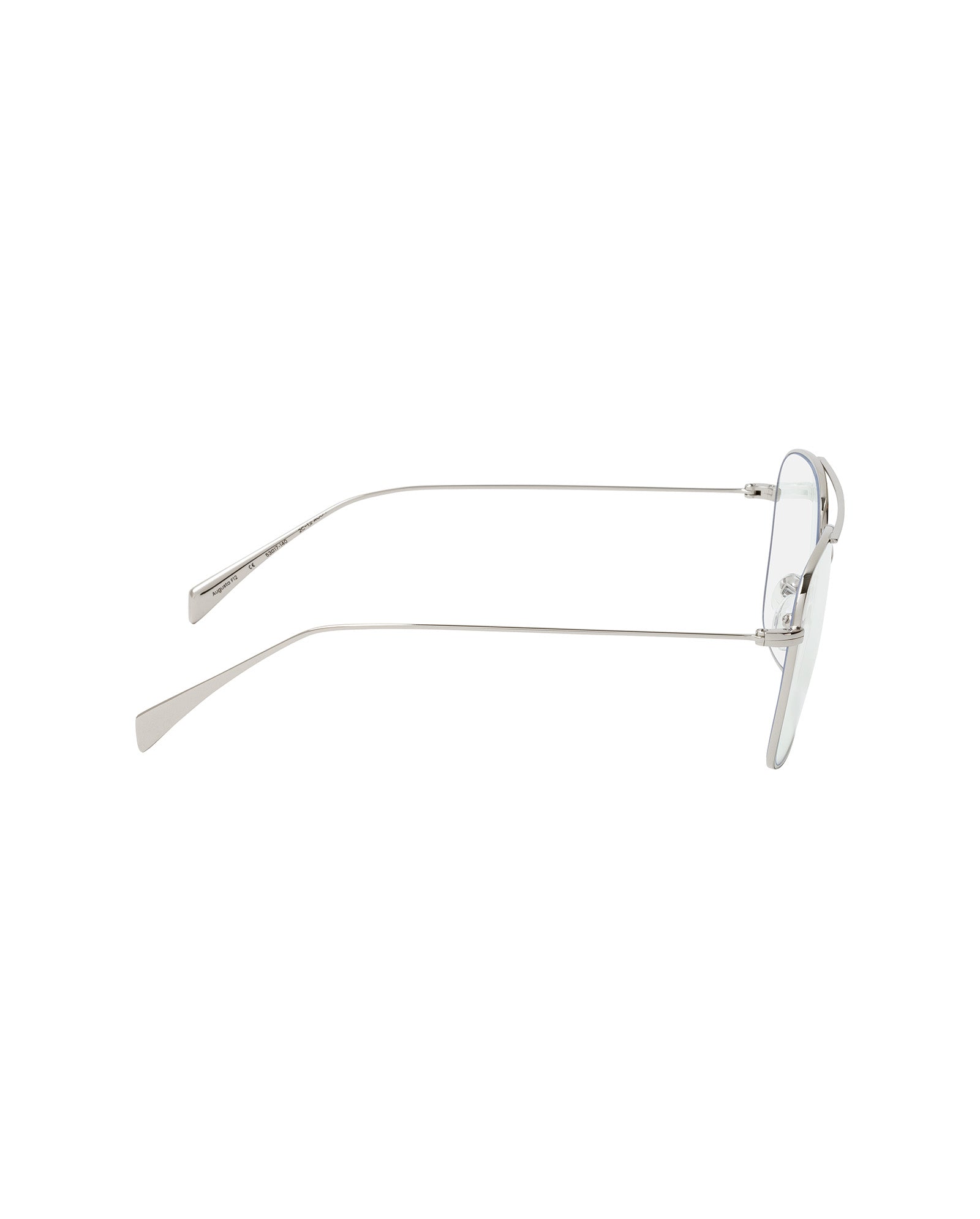 Side view of IVY OAK Augusta Glasses—thin, silver metal frames with clear lenses, crafted from recycled materials—shown against a white background.