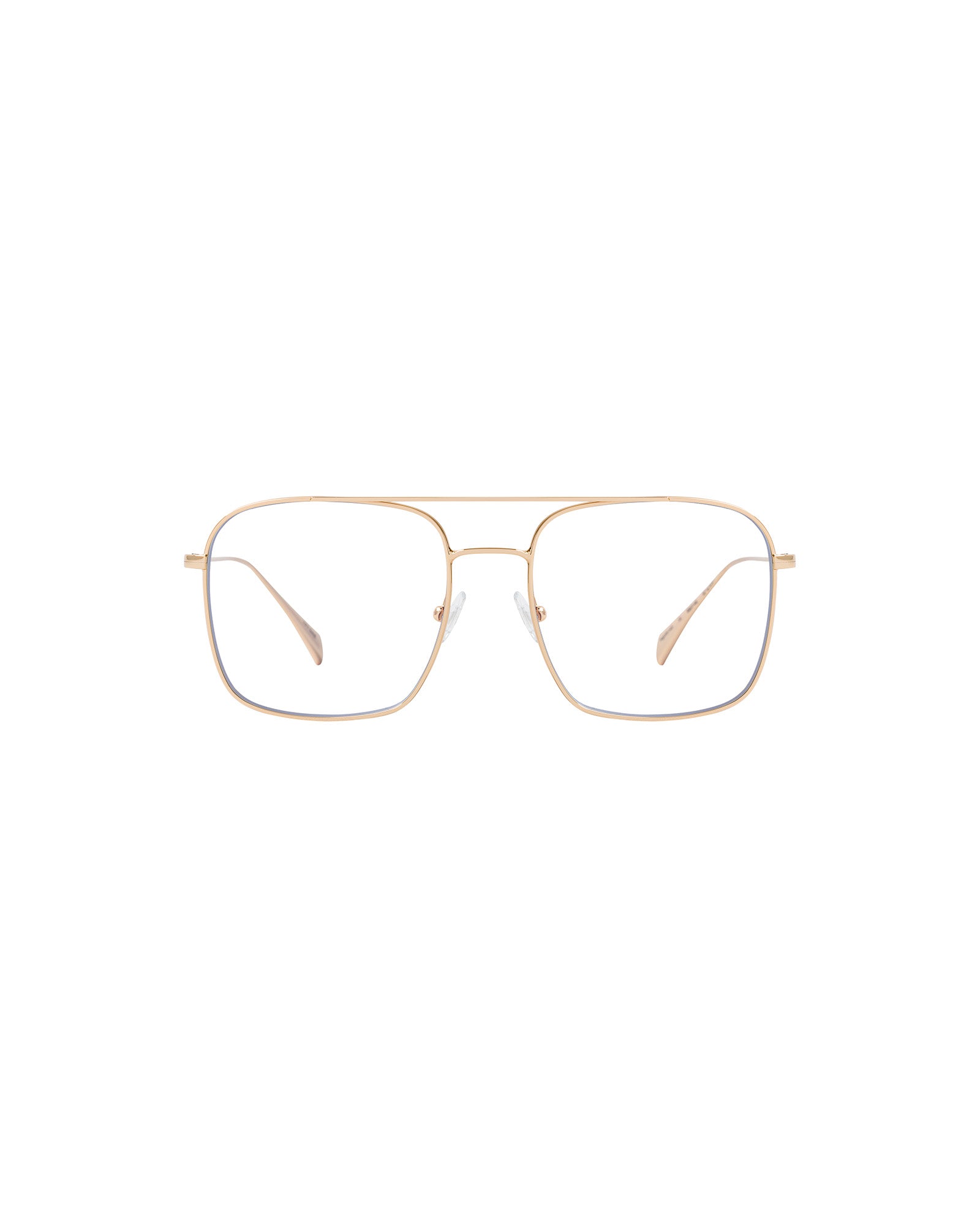 Augusta Glasses by IVY OAK: Gold wireframe rectangular eyeglasses with thin temples, featuring retro style and subtle 70s references, displayed on a white background.