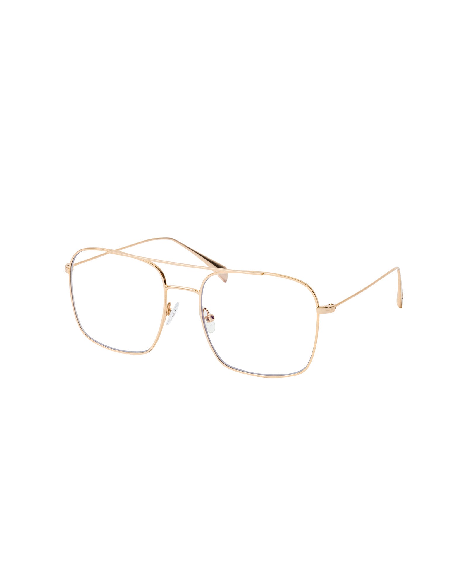 Die Augusta Glasses von IVY OAK sind goldene, rechteckige Metallbrillen im Retro-Stil der 70er mit Doppelsteg und optionalem Blaulichtfilter, präsentiert auf weißem Hintergrund.