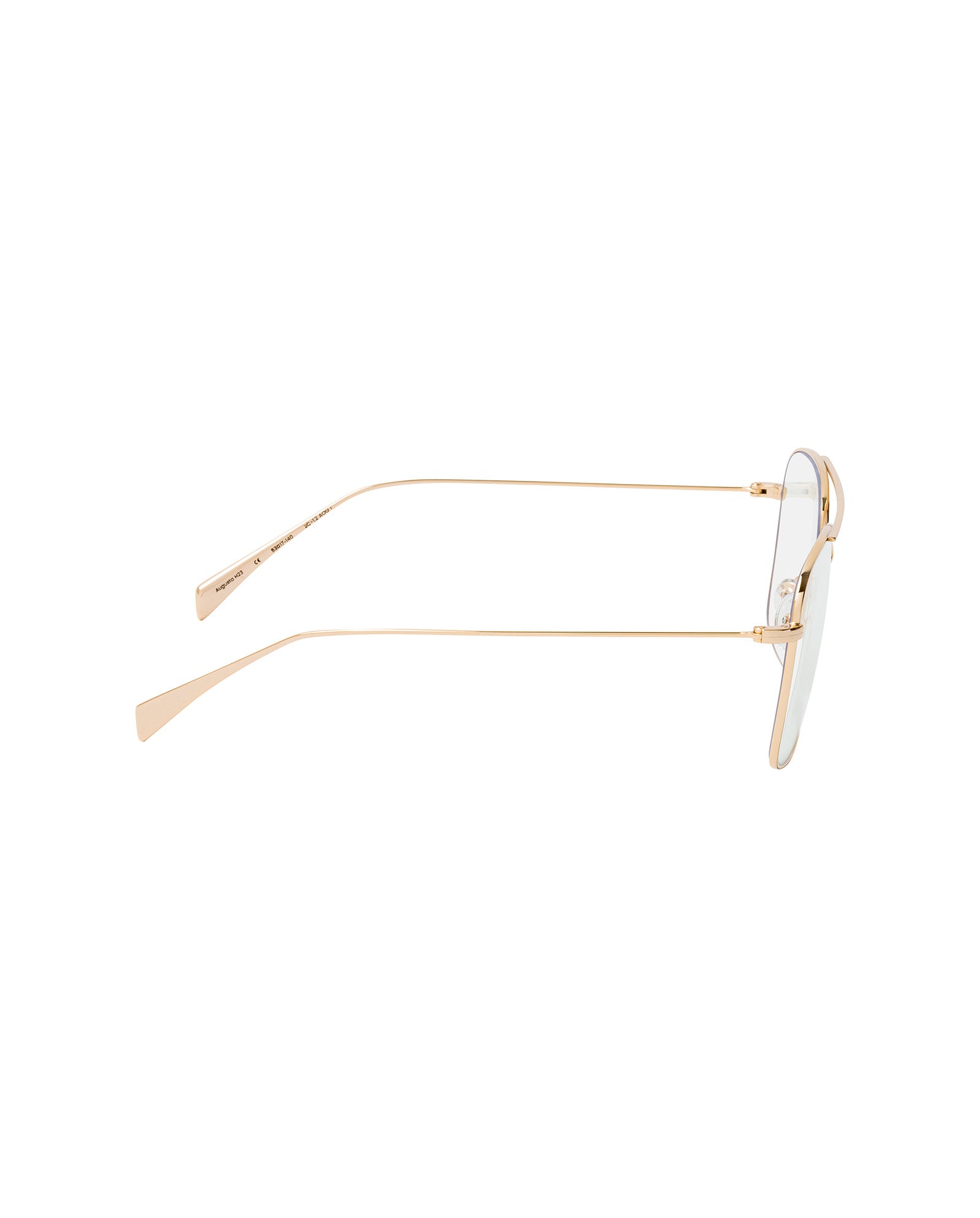 Side view of Augusta Glasses by IVY OAK, featuring gold metal thin frames, clear lenses, and subtle retro styling on a white background.