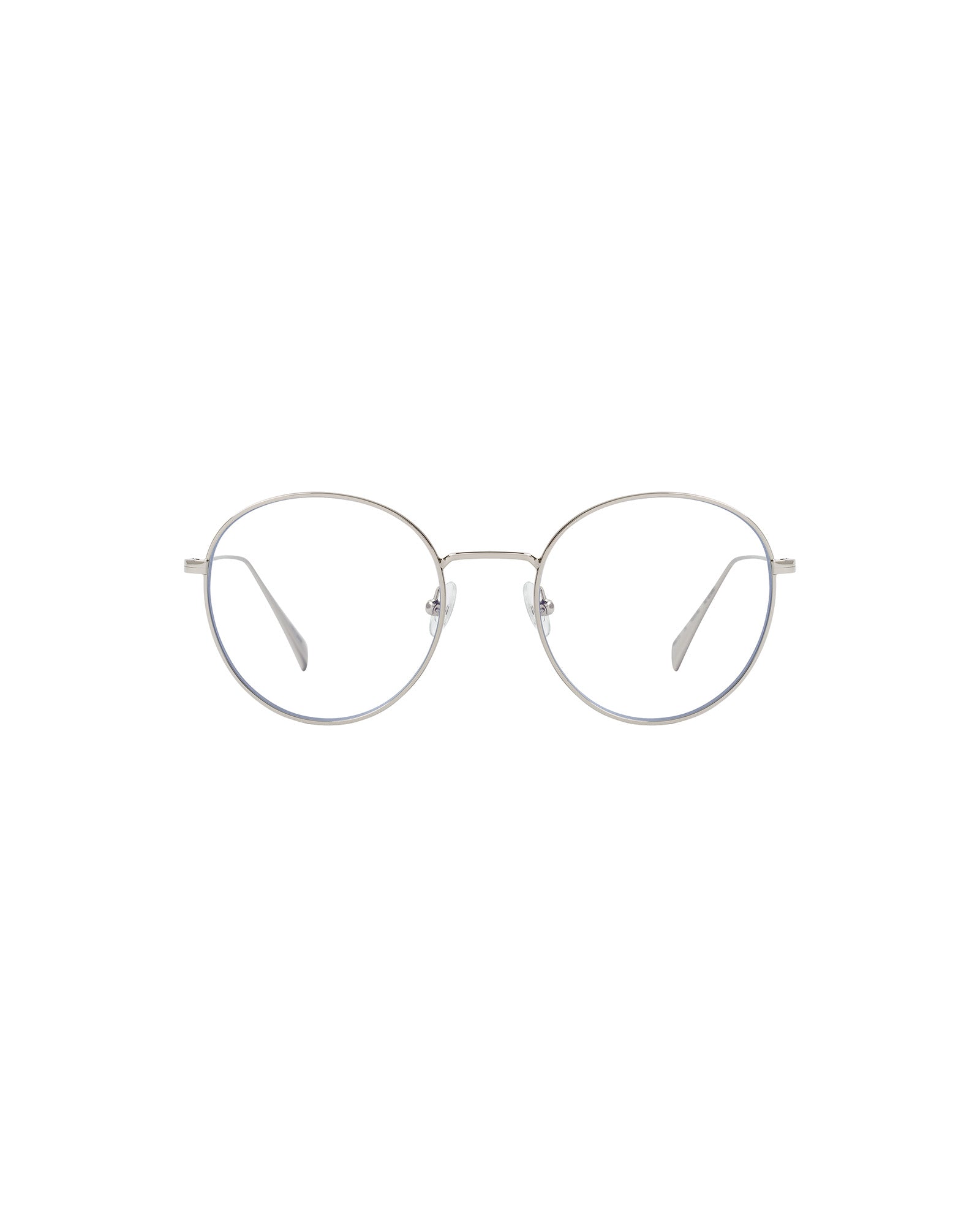 The Aileen Glasses by IVY OAK are silver round metal eyeglasses with thin frames, crafted from recycled materials and shown from the front on a white background.