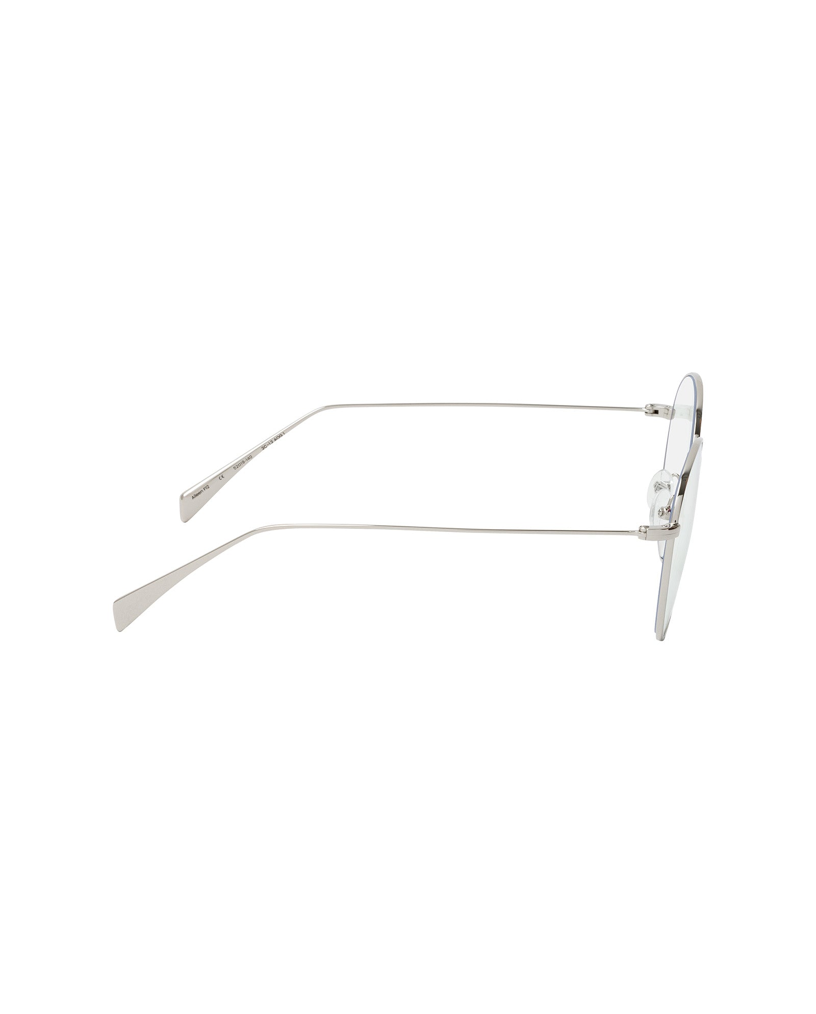 Side view of thin, silver-framed Aileen Glasses by IVY OAK with clear lenses on a white background, crafted from bio-based material for sustainable style.