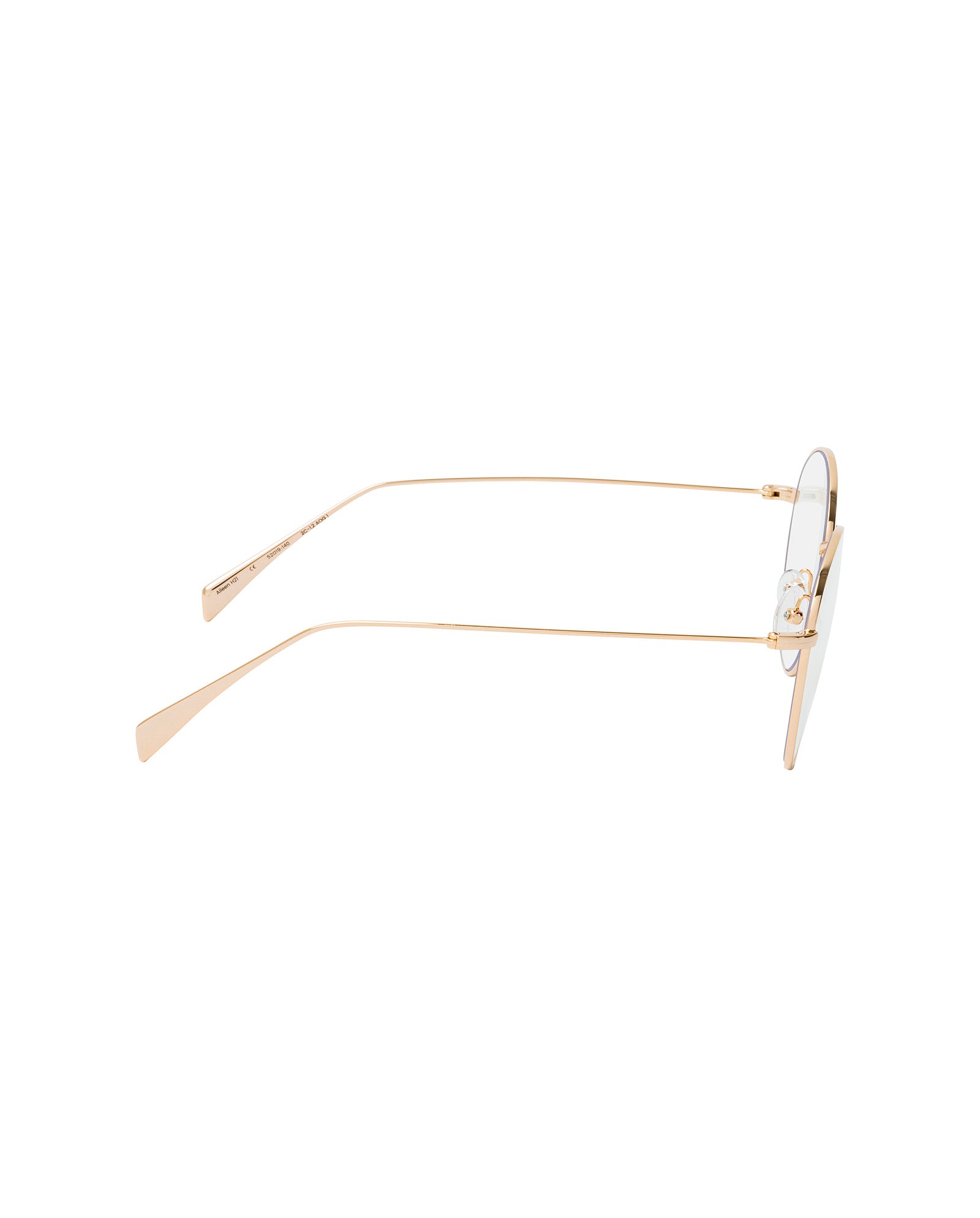 The IVY OAK Aileen Glasses are gold thin-frame eyeglasses made from recycled materials, displayed in a side view on a white background.