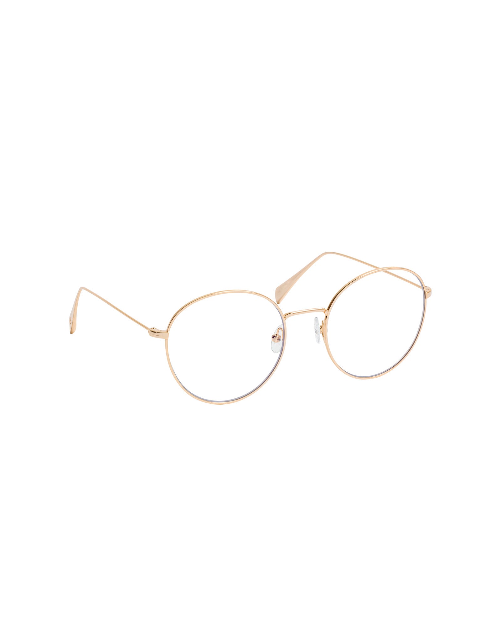 The IVY OAK Aileen Glasses are gold metal round eyeglasses with clear lenses, made from bio-based materials, shown on a white background.