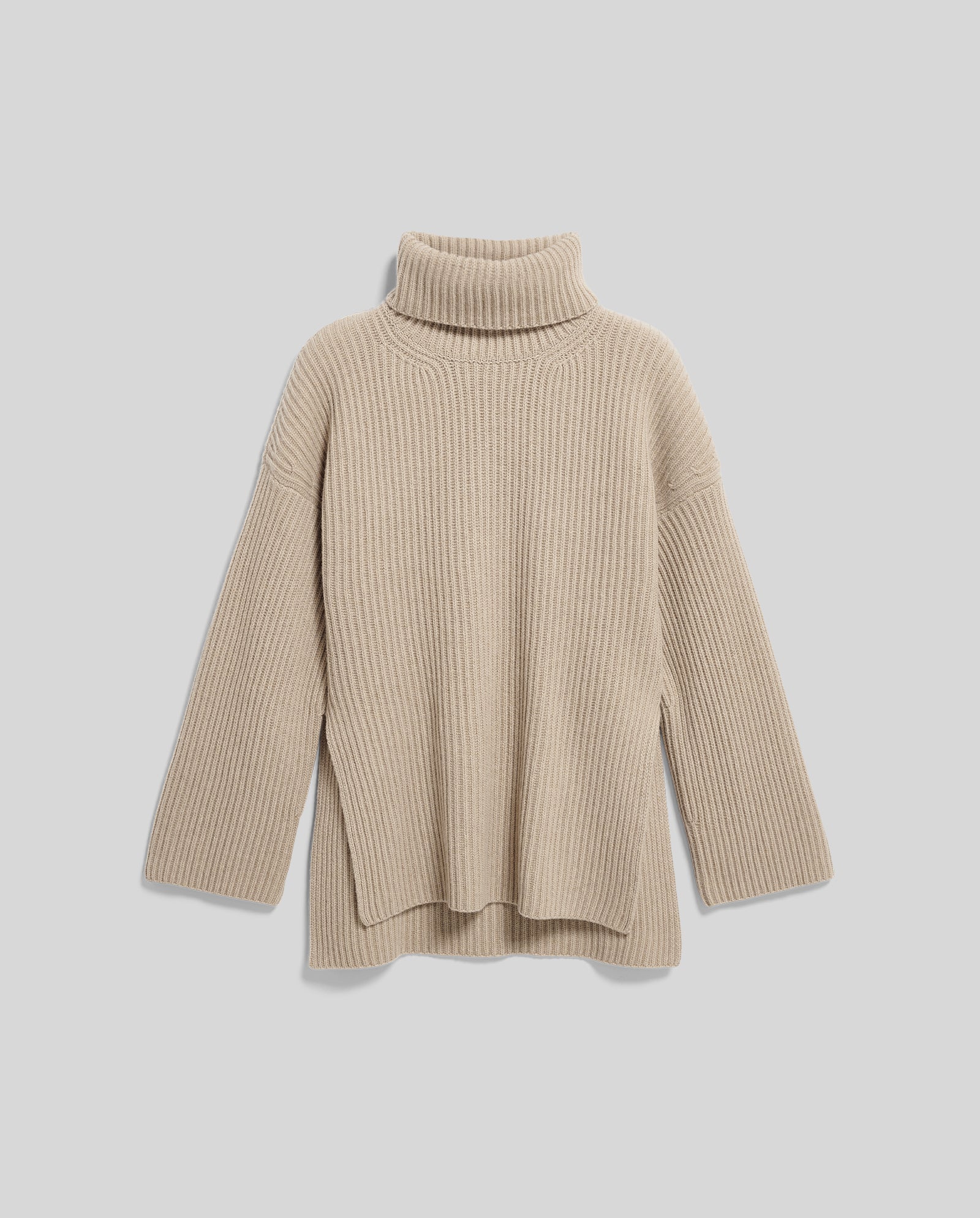 The KYOMI ANN Jumper by IVY OAK is a beige wool blend high neck sweater with a ribbed texture and long sleeves, shown laid flat on a light gray background.