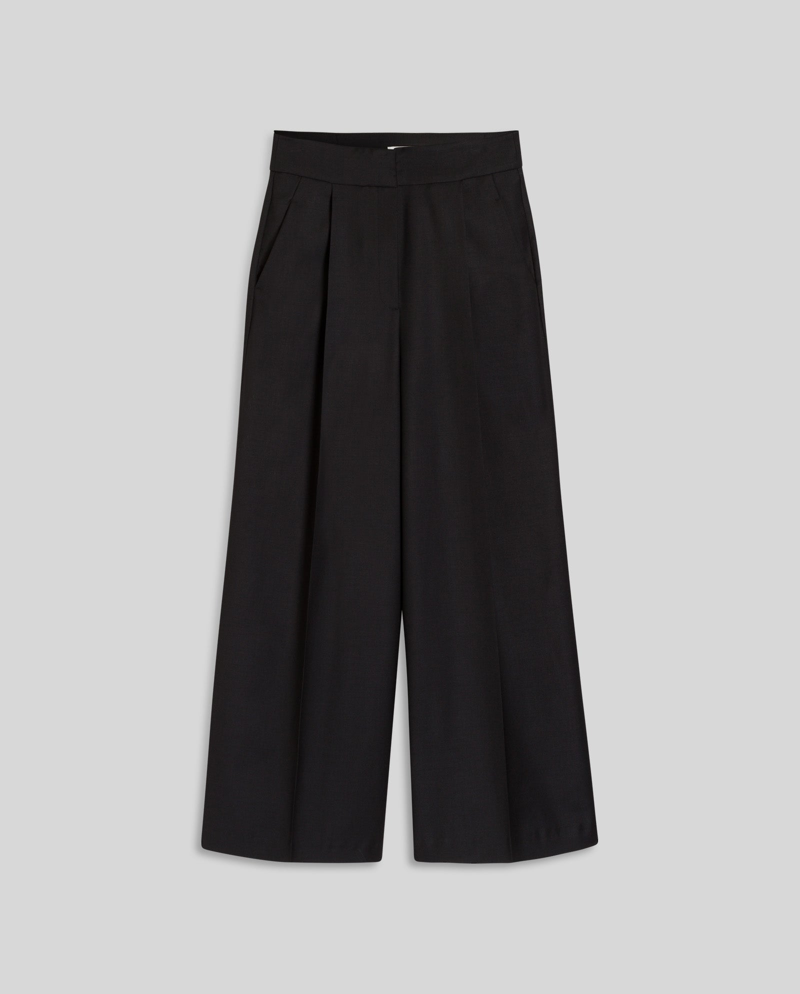 The PRESCILLIA SUE Pants by IVY OAK are wide-leg black wool-blend twill trousers with elegant pleats, displayed against a plain light grey background.