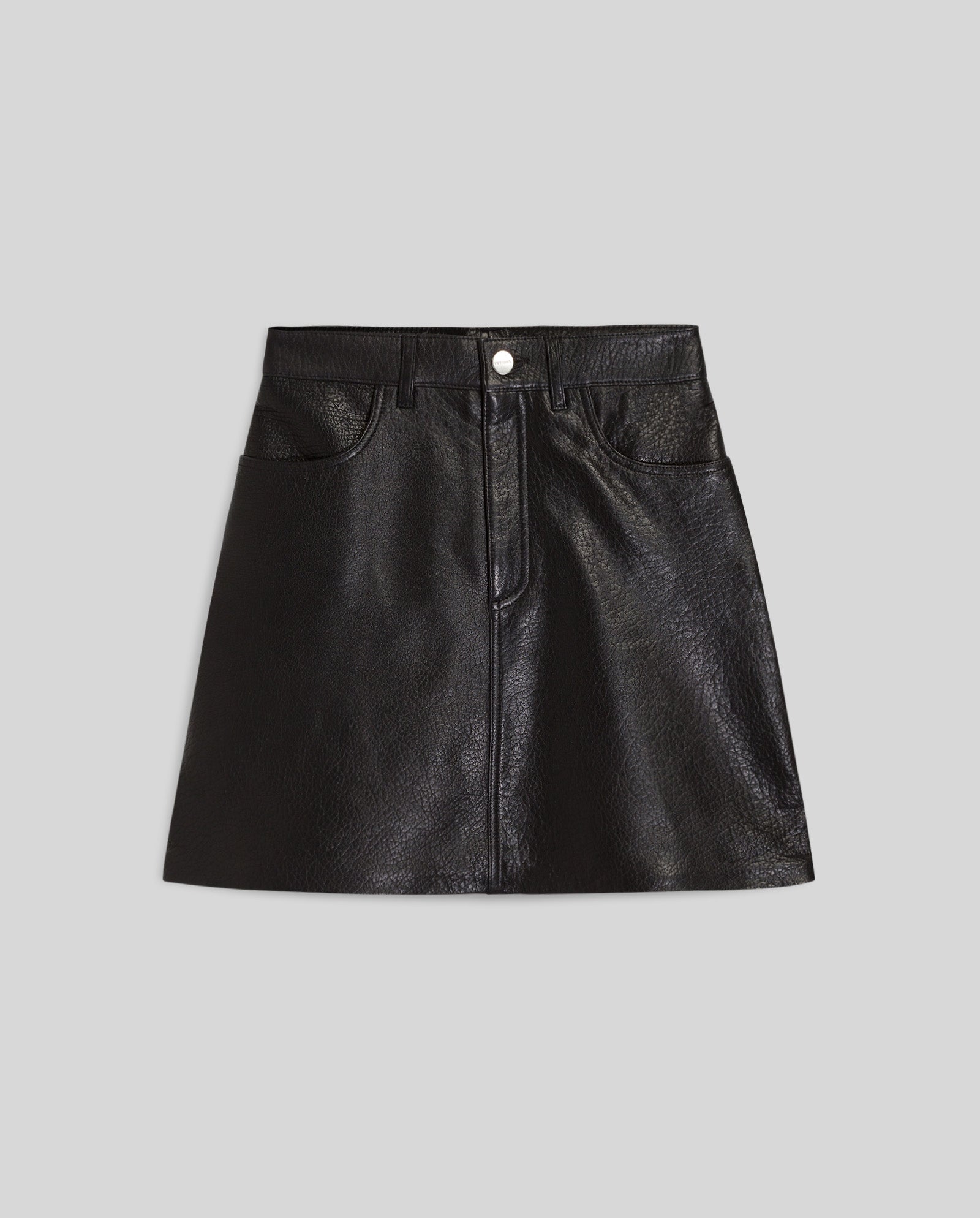 The IVY OAK LILOU Skirt is a black leather mini with an A-line silhouette, front pockets, and button closure, shown on a light gray background.